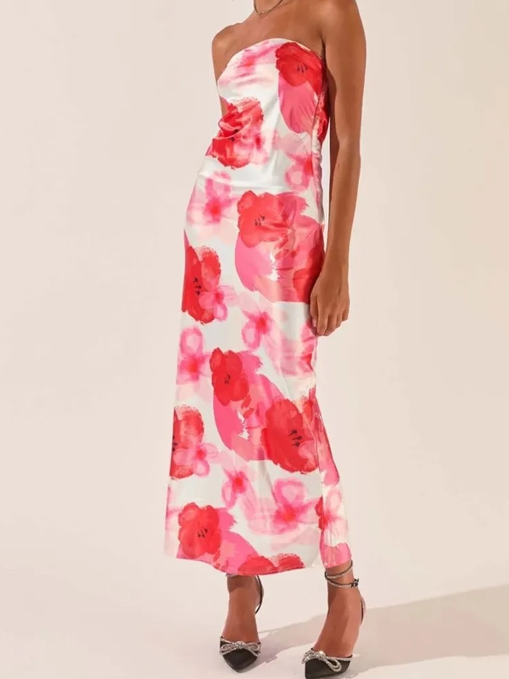 Peppermayo Strapless Pink & Red Floral Midi Dress